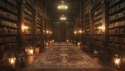Fototapeta premium A dimly lit, grand library with antique bookshelves, chandeliers, and a vintage Persian rug creating a timeless and scholarly atmosphere.