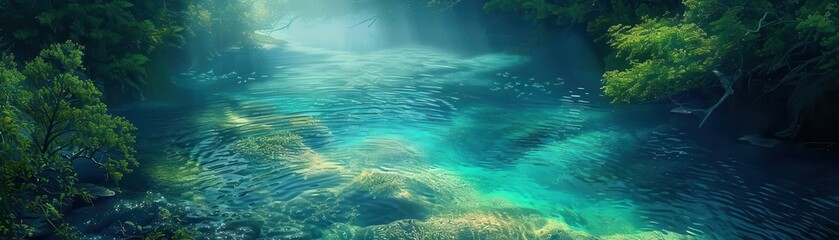 Obraz premium Serene view of a lush green forest stream with crystal clear waters flowing through, perfect for nature, tranquility, and relaxation themed concepts.