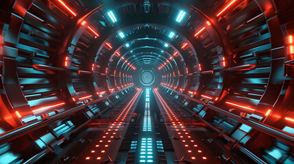 Futuristic spaceship corridor with red and blue neon lights.