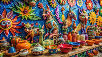 Fototapeta premium Vibrant mural depicting traditional Oaxacan alebrijes, intricate textiles, and colorful pottery, showcasing the rich cultural heritage of Mexico's southern region.