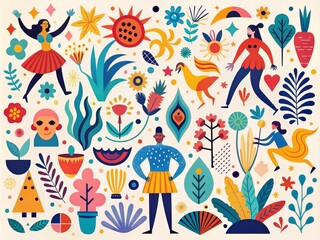 Whimsical Silhouettes: Playful outlines, abstract shapes, bold colors, surrealist elements, dreamlike quality.