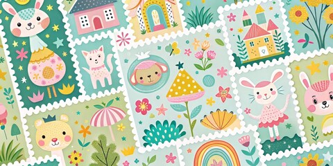 Naklejka premium Whimsical Wonderland: Pastel colors and whimsical patterns with a playful stamp, expressing joy and imagination.