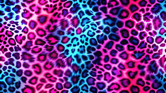 Vibrant neon leopard print background with bold, electric blue and pink hues, creating a mesmerizing and futuristic visual effect, perfect for trendy designs and backgrounds.