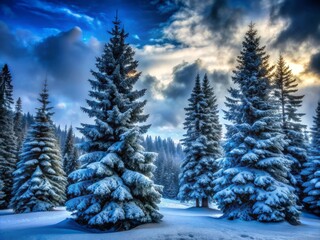 Naklejka premium Winter's Embrace on Majestic Pines: Somber, mysterious, atmospheric, cedar, deep blue, gray