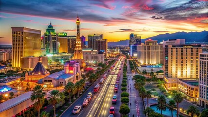 Obraz premium Vibrant neon lights illuminate the bustling Strip at dusk, showcasing iconic casinos, elaborate displays, and lively entertainment options in the city that never sleeps.