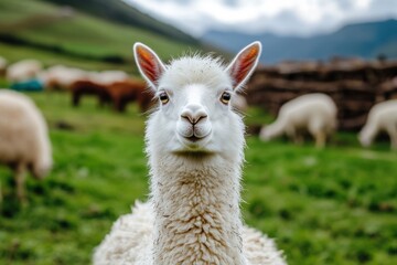 Obraz premium Portrait of a white llama standing in a lush green field with a curious and playful expression, representing charm and innocence in a serene rural setting.