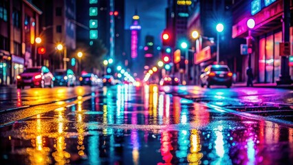 Obraz premium Vibrant neon lights reflect off wet asphalt, illuminating a deserted city street at night, with blurry car headlights vanishing into the dark urban landscape.