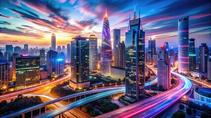 Obraz premium Vibrant neon lights swirl around a futuristic cityscape at dusk, with sleek skyscrapers and bustling streets, evoking a sense of electric energy and modernity.