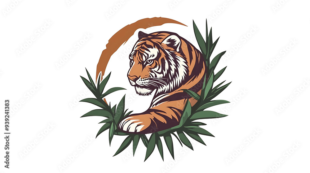 Wall mural Tiger head with jungle foliage, great for branding and wildlife designs.