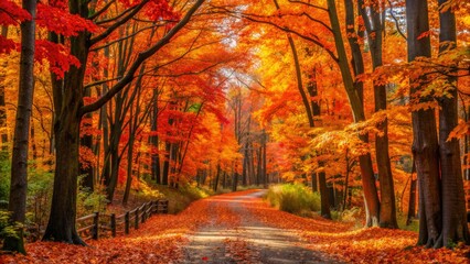 Vibrant orange and red leaves scatter across a rustic wooded path, surrounded by deciduous trees, exuding a cozy atmosphere on a crisp autumn morning.