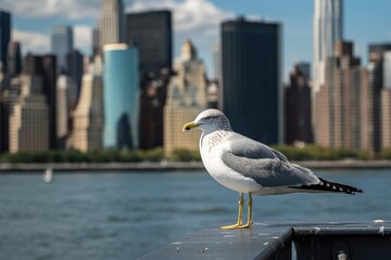 Seagull Perched on a Railing with Cityscape in the Background
