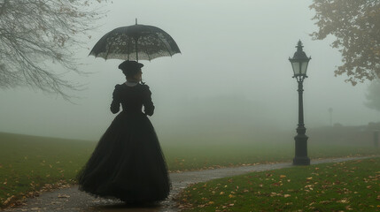 Victorian lady with a steam-powered parasol walking through a foggy park