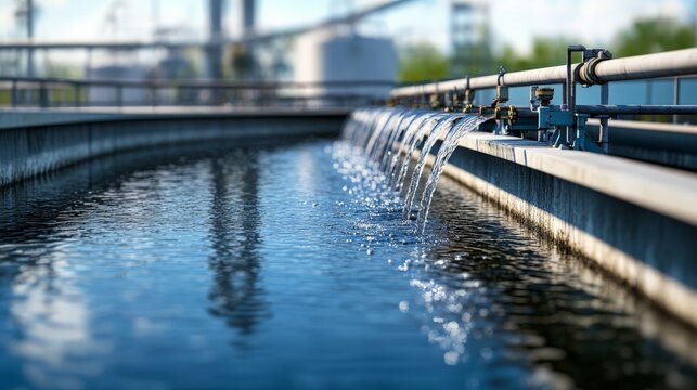 Modern water treatment facility with flowing clean water, industrial structures, and clear blue sky in the background.