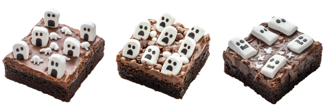 set of A chocolate brownie decorated to look like a graveyard, with candy tombstones and ghost marshmallows a on transparent background