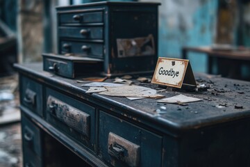 A vintage desk in a deserted, worn-out room features a sign that reads 'Goodbye,' suggesting a sense of finality and past memories in this aged and nostalgic space.