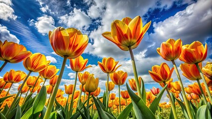 Vibrant orange and yellow wild tulips sway gently in the breeze, surrounded by lush green foliage, against a serene blue sky with wispy white clouds.