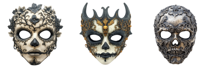 set of A decorative Halloween mask with intricate designs and spooky features on a transparent background