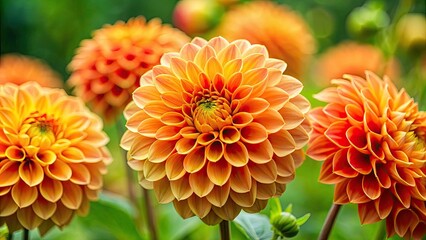 Vibrant orange dahlia blooms with delicate, curved petals and a prominent yellow center, set against a soft, blurred green background with subtle natural texture.