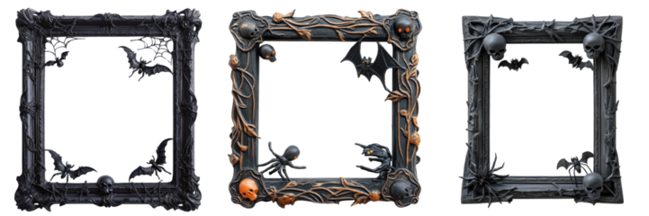 set of a spooky picture frame with Halloween motifs on a transparent background