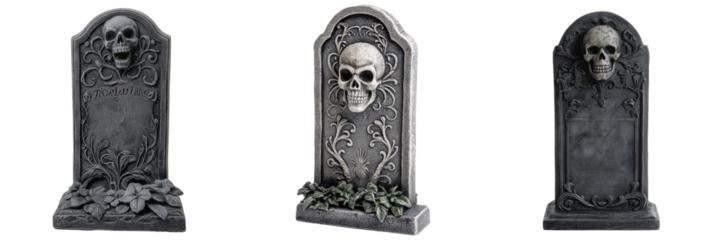 set of a spooky tombstone decoration with eerie engravings and a skull on a transparent background