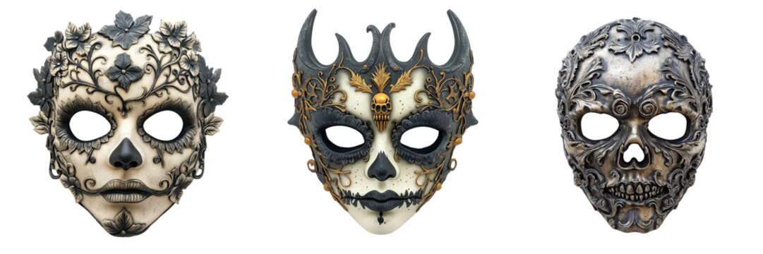 set of A decorative Halloween mask with intricate designs and spooky features on a transparent background