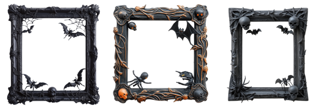 set of a spooky picture frame with Halloween motifs on a transparent background