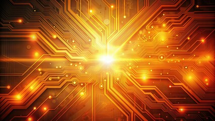 Fototapeta premium Vibrant orange hued futuristic digital background featuring swirling circuit board patterns, glowing lines, and abstract shapes, evoking innovation and cutting-edge technology.