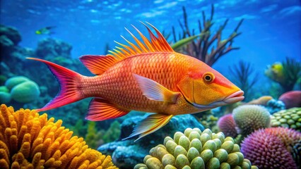 Naklejka premium Vibrant orange Maximus hogfish swims amidst coral reef, its spotted body and long snout a striking sight in the turquoise Caribbean Sea waters.