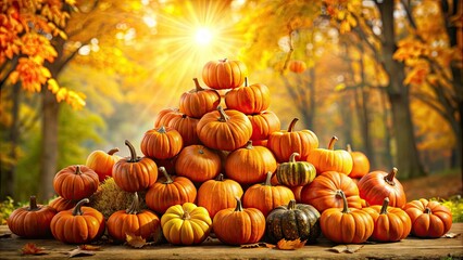 Vibrant orange pumpkins of varying sizes stacked in a rustic pyramid, surrounded by autumnal...