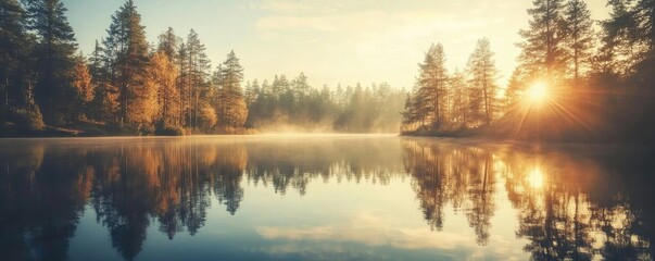 Serene landscape with golden sunlight reflecting on a calm lake, surrounded by lush trees in a peaceful autumn setting.