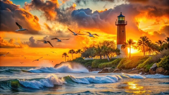 Vibrant orange sunset over Jupiter Inlet Lighthouse in Florida, with waves crashing against the shore and seagulls flying overhead in a serene coastal scene.