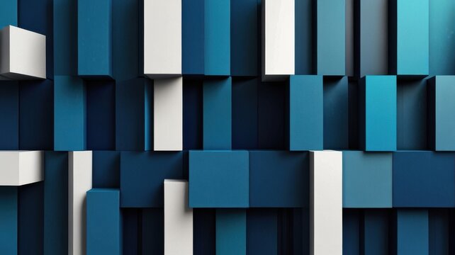 Abstract composition of 3D blocks in blue and white, creating a modern and stylish geometric pattern.