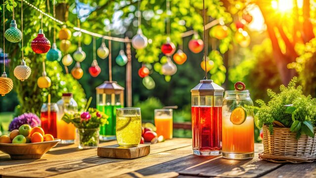 Vibrant outdoor event with colorful lanterns, lush greenery, and refreshing drinks, including fruity cocktails and cold beer, on a warm sunny day.