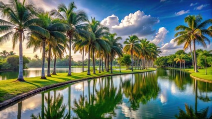 Obraz premium Vibrant palm trees sway above a serene lake surrounded by lush greenery and walking trails in a tranquil Miami Gardens scenic oasis.