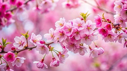 Fototapeta premium Vibrant pink cherry blossoms bloom against a soft, creamy white background, creating a serene and peaceful atmosphere with subtle texture and gentle focus.