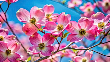 Fototapeta premium Vibrant pink dogwood blossoms burst forth on delicate branches, set against a soft blue sky, evoking joy and serenity in a tranquil springtime scene.