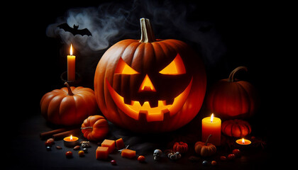 Obraz premium Halloween-themed still life with a central carved pumpkin emitting light, surrounded by smaller pumpkins, lit candles, scattered candies, and a silhouette of a bat against a dark background