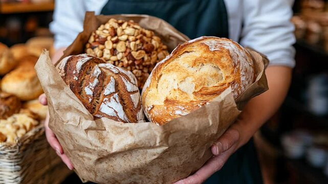 A person holds a basket filled with various types of artisan bread and nuts, showcasing the bakery's offerings.
