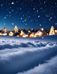 Naklejka premium Cute Christmas night landscape covered with fresh snow. Wonderful winter village. New Year Christmas atmosphere. Festive enchanting winter wonderland. Snowflakes, snowdrifts and hills. AI generated