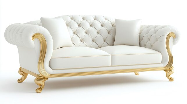 A white couch with gold trim and pillows