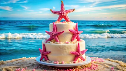 Vibrant pink starfish perches on top of a decadent, three-tiered vanilla cake adorned with creamy white frosting and sprinkles, amidst a seaside-inspired setting.