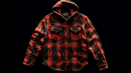 Red and black plaid flannel shirt with a hood.