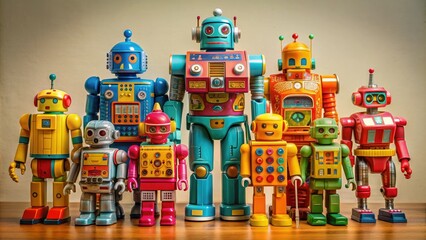 Vibrant Plastic Robot Toys In Various Shapes And Sizes, With Colorful Panels, Intricate Detailing, And Dynamic Poses, Stand Against A Neutral Background.