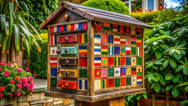 Vibrant postal flags and stamps from around the globe adorn a vintage wooden postbox, celebrating the universal language of mail and cultural exchange.