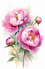 peony flowers watercolor, illustration, spring, flowers, bouquets, flora, pink, on a white background, poster, postcard 