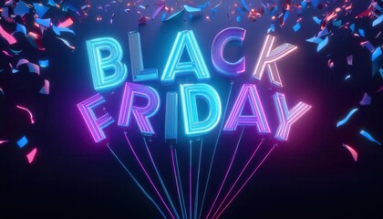 Neon "Black Friday" sign with confetti falling.  Great for advertising and promotional materials.