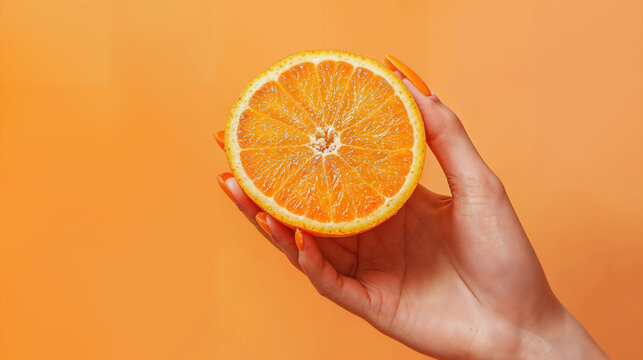 Photo of a female hand holding a delicious prange slice on a orange background and orange nails, with a pastel color tone, a mock-up concept for the summer season.