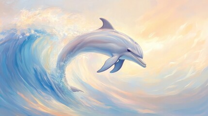 A dolphin is leaping out of the water, with the ocean waves in the background