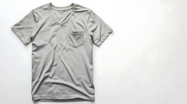 Plain grey v-neck t-shirt with a pocket.