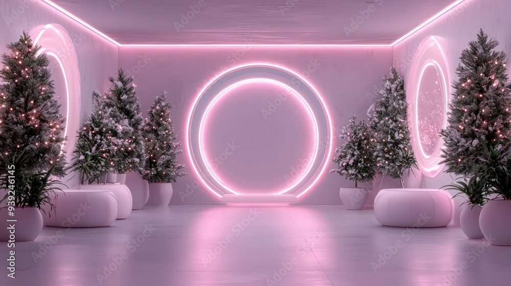 Poster a pink room with a pink circle in the middle and a pink tree in the middle of the circle